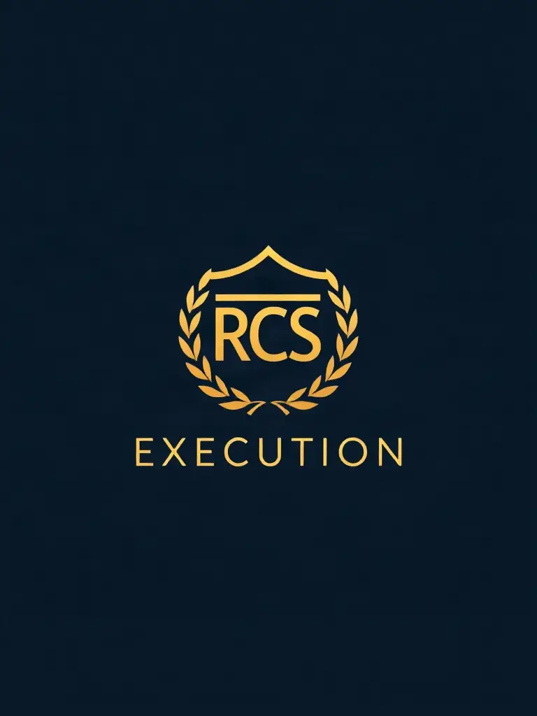A stylized RCS Execution logo on a dark navy background, with gold accents and minimalist design, representing the brand and course selection.