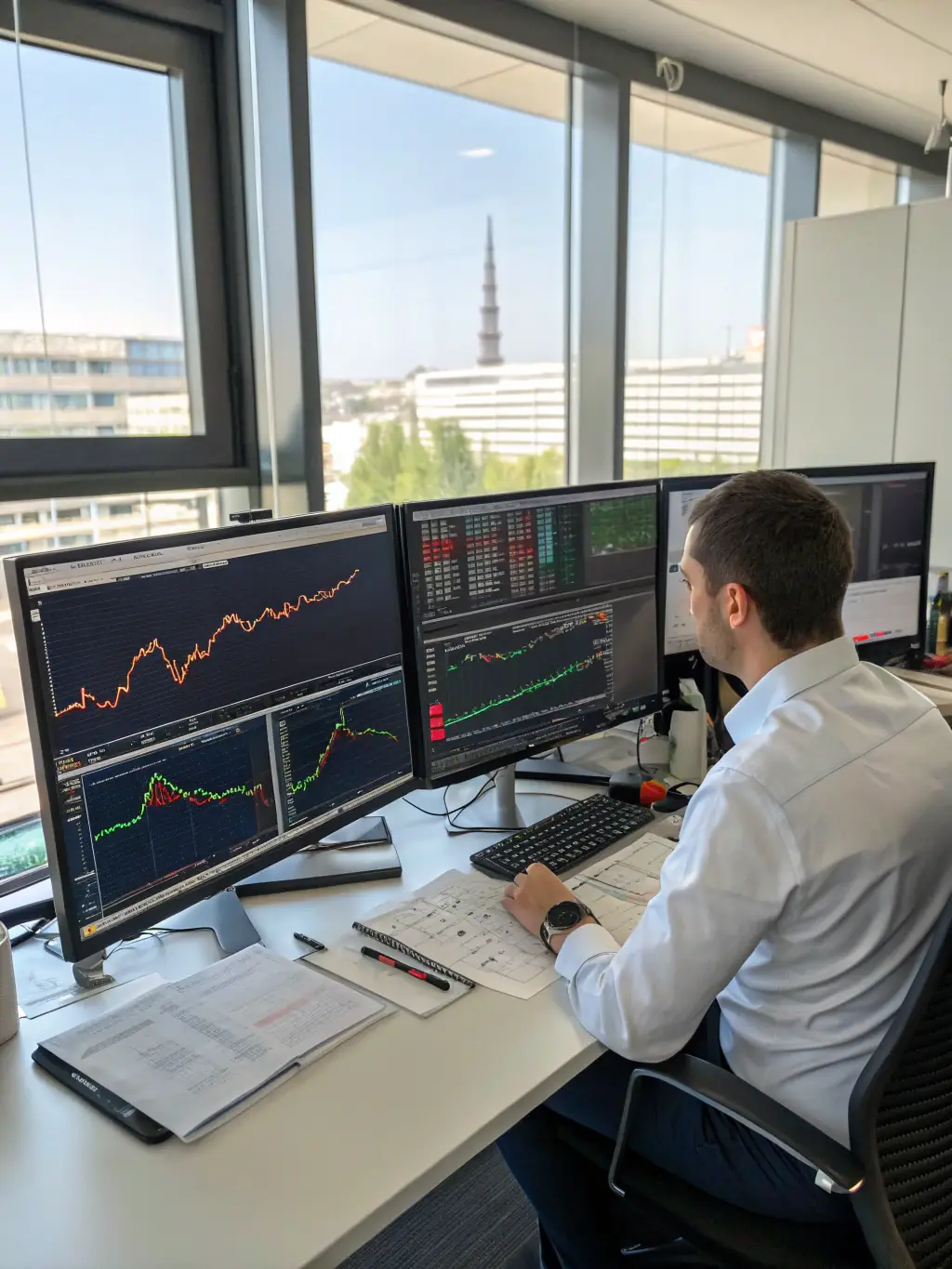 An image of a trader’s hand marking a checklist beside a structured trading plan, with NASDAQ charts in the background, symbolizing disciplined execution and emotional control.