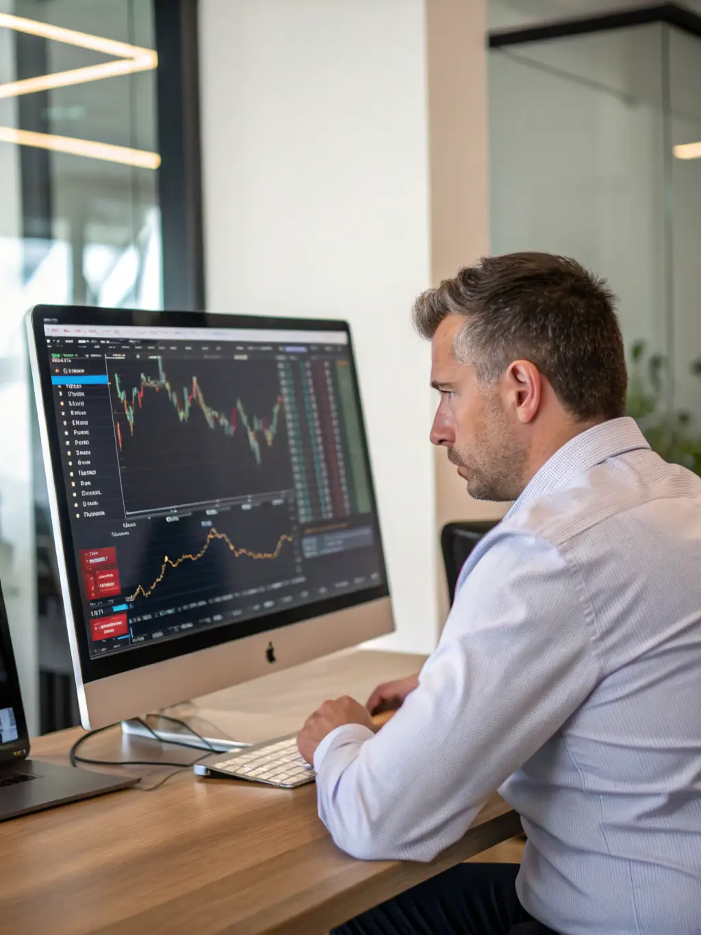 A confident individual reviewing a moderately complex trading chart, surrounded by warm-white and gold accents, set against a near-black background, symbolizing intermediate trading skills.