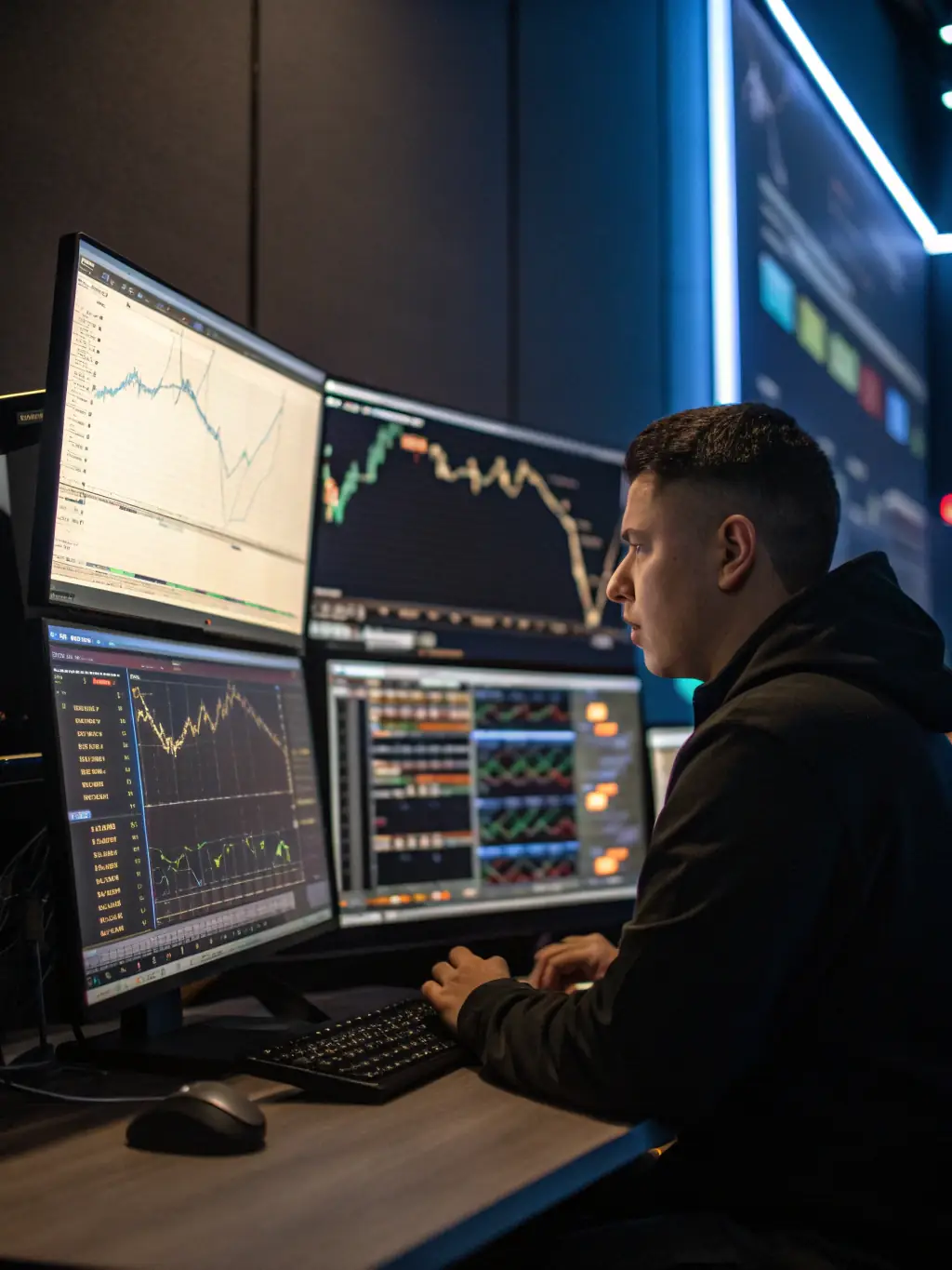An advanced trader in a sophisticated setup, analyzing intricate NASDAQ futures data, with overlays of technical indicators and execution tools, all in a sleek, high-contrast style.