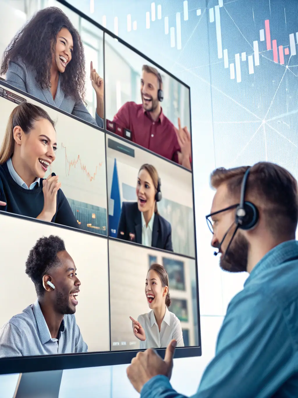 A stylized group of diverse traders collaborating in a modern trading room, screens displaying various NASDAQ futures analytics, symbolizing community and ongoing learning.