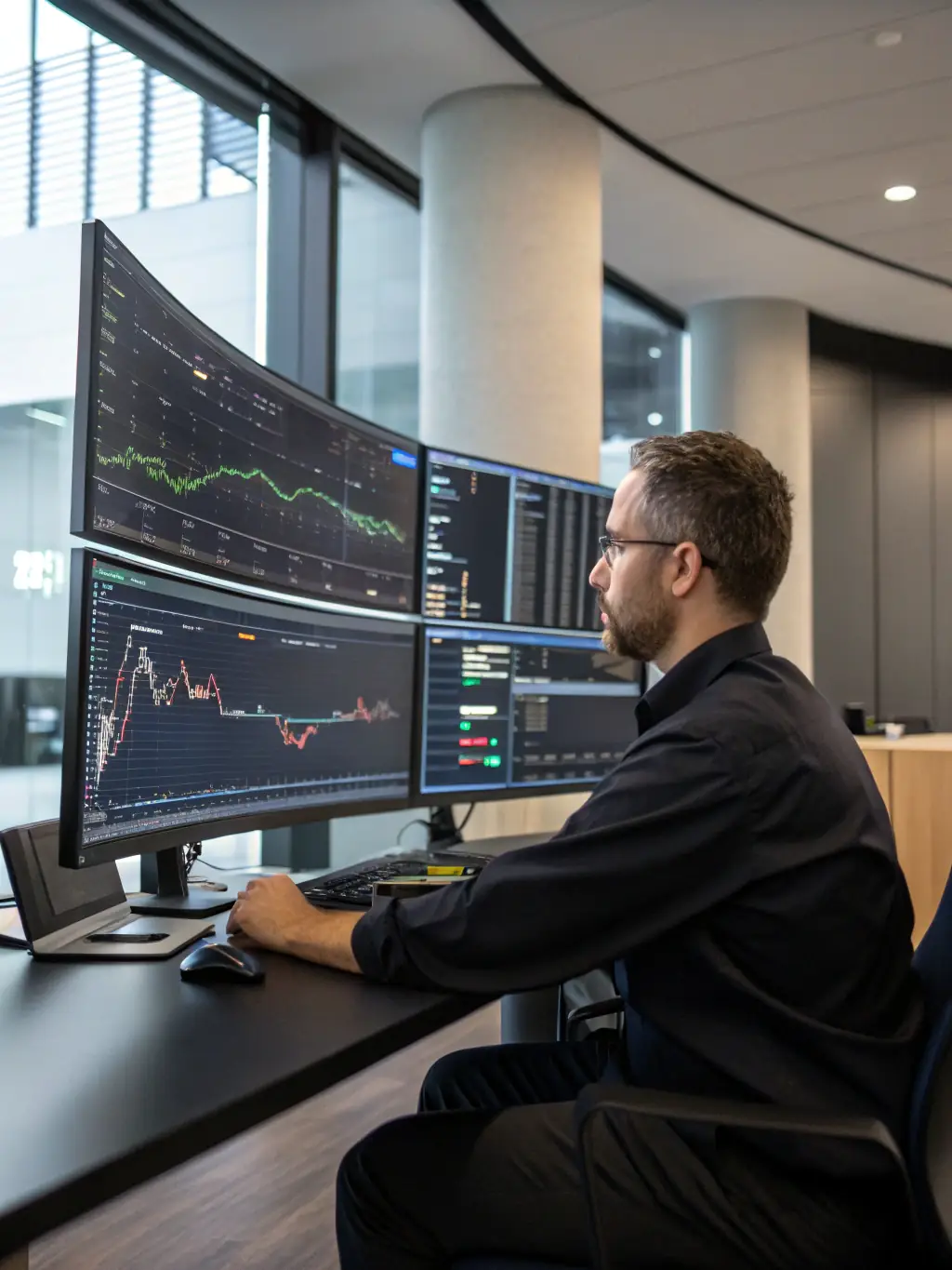 An advanced trader analyzing multiple screens with detailed market data, highlighted by champagne-gold and navy tones, conveying expertise and focus.