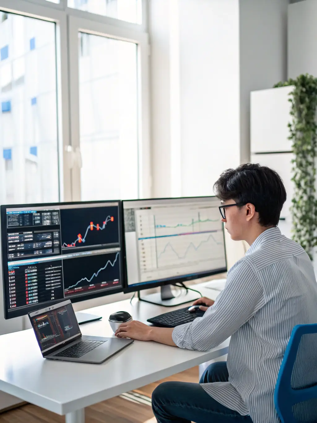 A clean, modern illustration of a beginner trader at a desk, studying a simple NASDAQ futures chart on a single monitor, with soft gold and navy accents, evoking a welcoming and approachable learning environment.