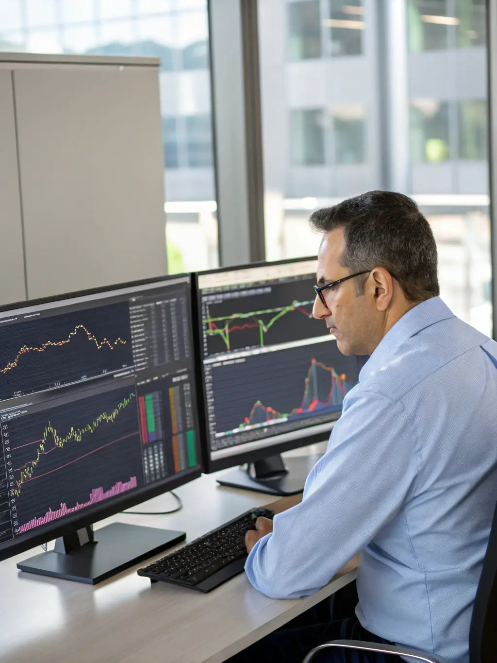 A mid-level trader reviewing multiple monitors with more complex NASDAQ futures charts, highlighting liquidity zones and order flow, set in a focused, professional workspace with dark navy tones.